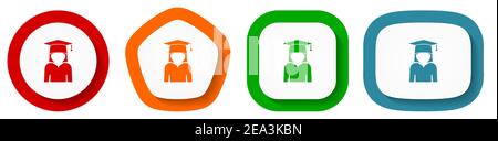 Absolvent, Bildung, weibliche Schüler Vektor-Icon-Set, flache Design-Tasten auf weißem Hintergrund Stock Vektor