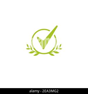 Gültiges Siegelsymbol. Grüner Kreis mit Blättern Lorbeer und Zecke. Isoliert auf weiß. Ökologie, umweltfreundliche Aufkleber Symbol. Bio, Naturpflege. Überprüfte Marke. Stock Vektor