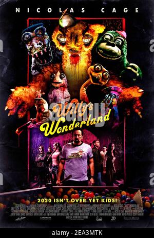Willy's Wonderland (2021) unter der Regie von Kevin Lewis mit Nicolas Cage, Beth Grant und Caylee Cowan. Ein ruhiger Drifter kämpft in einem verdammten Vergnügungspark um sein Leben, wenn die Animatronik zum Leben erwacht. Stockfoto