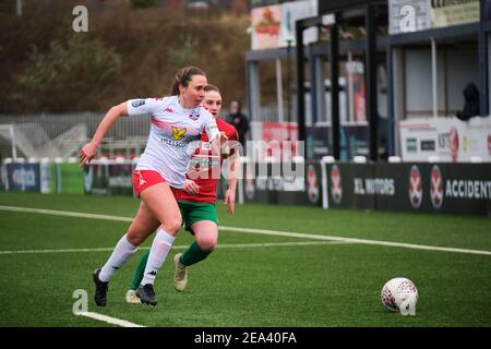 Coventry, Großbritannien. Februar 2021, 07th. Rhian Cleverley (#3 Lewes) tritt beim FA Women's Championship Match zwischen Coventry United und Lewes in der Butts Park Arena in Coventry, England, an. Kredit: SPP Sport Presse Foto. /Alamy Live Nachrichten Stockfoto