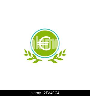 Gültiges Siegel mit Euro-Zeichen und grünen Blättern. Symbol für flaches Einkommenswachstum. Isoliert auf Weiß. Wirtschaft, Finanzen, Geld Symbol. Bio, Naturpflege. Aktiviert Stock Vektor
