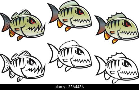 Wütend cartoon Piranha fischen in drei Variationen auf weißem Hintergrund isoliert Stock Vektor