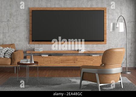 Fernseher mit Breitbildschirm an der Betonwand im modernen Wohnzimmer. Vorderansicht Stockfoto