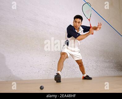 Der französische Weltmeister im Squash Thierry Lincou während einer Fotosession in Vincennes, bei Paris, Frankreich, am 1. Juni 2005. Foto von Stephane Kempinaire/CAMELEON/ABACA. Stockfoto