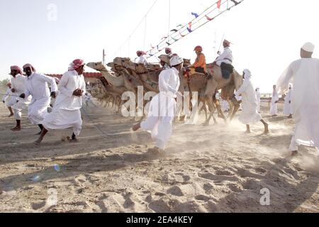 Der Beginn eines Kamelrennens auf einer Strecke in der Wüste bei Doha, Katar, am 20. April 2005. Die Kamele werden wegen ihres geringen Gewichts von Kindern getrieben. Etwa 200 von ihnen, überwiegend aus dem Sudan, leben in der Nähe der Strecke und verdienen zwei oder drei Euro für ein Rennen. Katar und die Vereinigten Arabischen Emirate, nachdem sie heftig kritisiert wurden, weil sie Kinder als Jockeys im Kamelrennen benutzt haben, testen jetzt "Roboter-Jockeys", um diese Kinder zu ersetzen. Foto von Alexis Orand/ABACAPRESS.COM. Stockfoto
