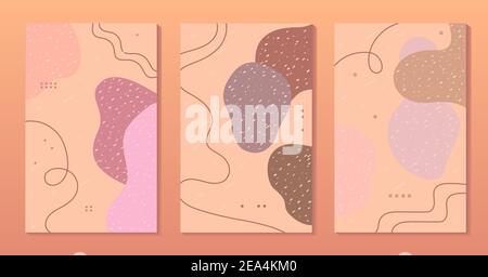 Abstrakte Vektorhintergründe gesetzt. Handgezeichnet verschiedene amorphe Formen, Linien und Objekte. Moderne trendige Illustrationen in korallenrosa gedeckten Pastellfarben Stock Vektor