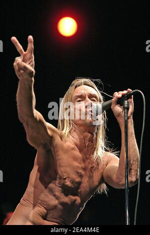 DER US-Sänger Iggy Pop alias 'The Iguana', Pate des Punk Rock und amerikanischen Heavy Metal, tritt mit seiner berühmten Band 'The Stooges' am 20. Juli 2005 beim 'La Voix du Gaou' Festival in Six Fours-le Brusc, Südfrankreich, auf. Foto von Gerald Holubowicz/ABACAPRESS.COM Stockfoto