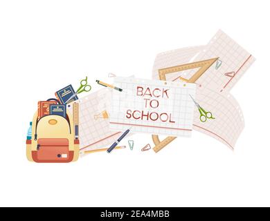 Zurück zur Schule Banner mit signa Briefpapier und Bücher in Rucksack Vektor-Illustration auf weißem Hintergrund Stock Vektor
