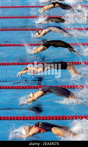 Start des Finales des 100-m-Schmetterlings der Frauen während der XI FINA World Championships im Parc Jean-Drapeau, Montreal, Quebec, Kanada, am 25. Juli 2005. Foto von Nicolas Gouhier/CAMELEON/ABACAPRESS.COM Stockfoto