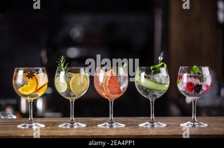 Gin Tonic Longdrink als klassischer Cocktail in verschiedenen Formen mit Garnitur in einzelnen Gläsern wie Orange, Zitrone, Grapefruit, Gurke oder Beeren. Stockfoto