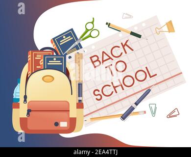 Zurück zur Schule Banner mit signa Briefpapier und Bücher in Rucksack Poster mit Schulbedarf Vektor-Illustration auf weißem Hintergrund Stock Vektor
