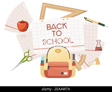 Zurück zur Schule Banner mit signa Briefpapier und Bücher in Rucksack Poster mit Schulbedarf Vektor-Illustration auf weißem Hintergrund Stock Vektor