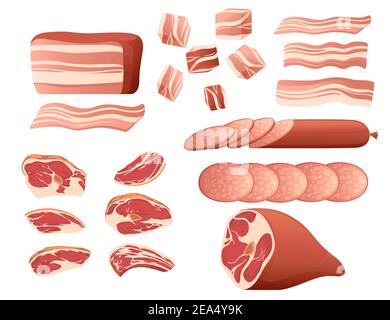 Set aus frischem und zubereitetem Fleisch Rind Schweinefleisch Würstchen Speck Und Steak Fleisch Produkte für ein Lebensmittelgeschäft Vektor-Illustration Auf weißem Hintergrund Stock Vektor
