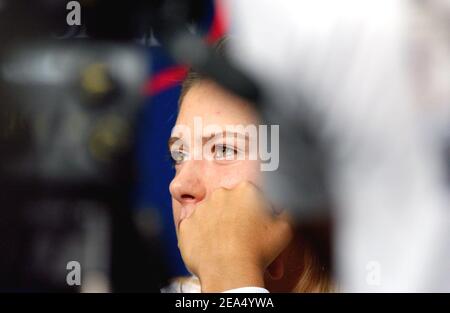 Russland Maria Sharapova reagiert während ihrer Pressekonferenz, nachdem sie ihre russische Kollegin Nadia Petrova in ihrer 4th Runde der 2005 US Open besiegt hatte, die am Dienstag, dem 6. September 2005 im Arthur Ashe Stadion in Flushing Meadows, New York, stattfand. Foto von Nicolas Khayat//CAMELEON/ABACAPRESS.COM Stockfoto