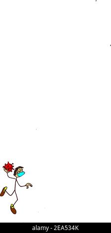 Vektorgrafik Illustration mit einem Comic-Handballspieler, der einen Corona-Virus wirft. Stock Vektor