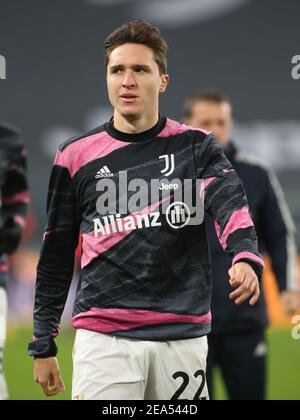 Turin, Italien. Februar 2021, 6th. Turin, Italien, Allianz Stadium, 06. Februar 2021, Federico Chiesa (Juventus FC) während des FC Juventus gegen AS Roma - Italienisches Fußballspiel Serie A Credit: Claudio Benedetto/LPS/ZUMA Wire/Alamy Live News Stockfoto