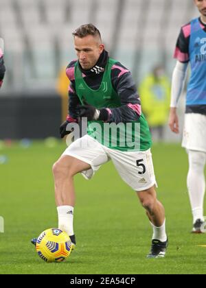 Turin, Italien. Februar 2021, 6th. Turin, Italien, Allianz Stadium, 06. Februar 2021, Melo Arthur (Juventus FC) beim Warm-up während des Juventus FC vs. AS Roma - Italienischer Fußball Serie A Spiel Credit: Claudio Benedetto/LPS/ZUMA Wire/Alamy Live News Stockfoto