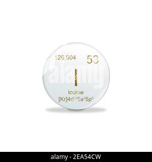 3D-Illustration, Jod-Symbol - I. Element des Periodensystems auf weißer Kugel mit goldenen Zeichen. Weißer Hintergrund Stockfoto