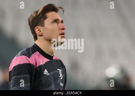 Turin, Italien. Februar 2021, 6th. Turin, Italien, Allianz Stadium, 06. Februar 2021, Federico Chiesa (Juventus FC) während des FC Juventus gegen AS Roma - Italienisches Fußballspiel Serie A Credit: Claudio Benedetto/LPS/ZUMA Wire/Alamy Live News Stockfoto