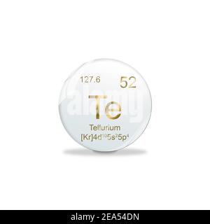 3D-Illustration, Tellurium Symbol - Te. Element des Periodensystems auf der weißen Kugel mit goldenen Zeichen. Weißer Hintergrund Stockfoto