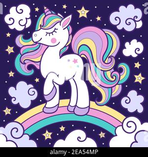 Weißes Einhorn mit Regenbogenmähe auf dunklem Hintergrund. Babybild. Vektor Stock Vektor