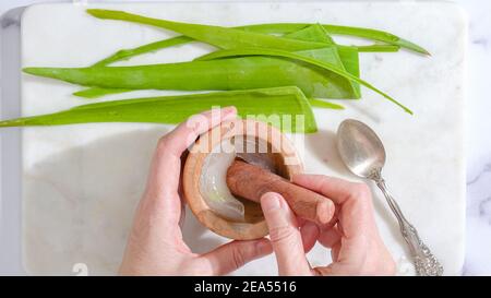 Aloe Vera hausgemachtes Gesicht und Körper Peeling Rezept. Aloe Vera Gel close up in einem auf Marmor Hintergrund direkt von oben Stockfoto