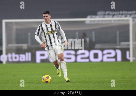 Turin, Italien. Februar 2021, 6th. Turin, Italien, Allianz Stadium, 06. Februar 2021, Alvaro Morata (Juventus FC) während des FC Juventus gegen AS Roma - Italienisches Fußballspiel Serie A Credit: Claudio Benedetto/LPS/ZUMA Wire/Alamy Live News Stockfoto