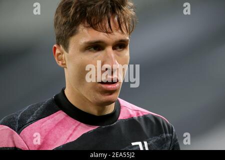 Turin, Italien. Februar 2021, 6th. Turin, Italien, Allianz Stadium, 06. Februar 2021, Federico Chiesa (Juventus FC) während des FC Juventus gegen AS Roma - Italienisches Fußballspiel Serie A Credit: Claudio Benedetto/LPS/ZUMA Wire/Alamy Live News Stockfoto