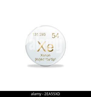 3D-Abbildung, Xenon-Symbol - Xe. Element des Periodensystems auf der weißen Kugel mit goldenen Zeichen. Weißer Hintergrund Stockfoto