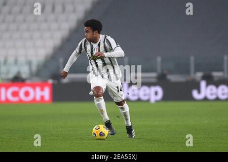 Turin, Italien. Februar 2021, 6th. Turin, Italien, Allianz Stadium, 06. Februar 2021, Weston McKennie (Juventus FC) während des Juventus FC vs. AS Roma - Italienischer Fußball Serie A Spiel Credit: Claudio Benedetto/LPS/ZUMA Wire/Alamy Live News Stockfoto