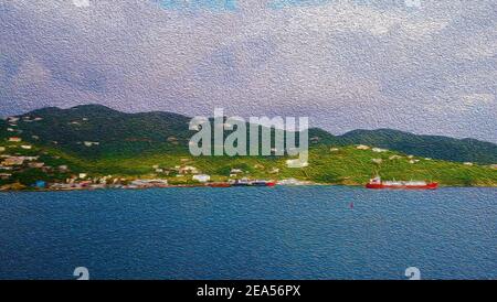 Illustration im Meer Schiffe schöne grüne Berge, Aquarell Malerei tropische Insel mit Seeschiffen. Meereslandschaft. Stockfoto