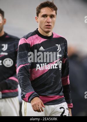 Turin, Italien. Februar 2021, 6th. Turin, Italien, Allianz Stadium, 06. Februar 2021, Federico Chiesa (Juventus FC) während des FC Juventus gegen AS Roma - Italienisches Fußballspiel Serie A Credit: Claudio Benedetto/LPS/ZUMA Wire/Alamy Live News Stockfoto