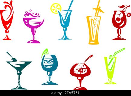 Cocktails mit Alkohol und Saft im Getränkeset Stock Vektor