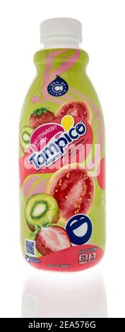 Winneconne, WI -30 Januar 2021: Eine Flasche unwiderstehlichen Tampico Drink auf einem isolierten Hintergrund. Stockfoto