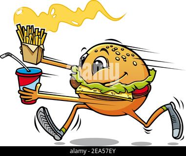 Running Hamburger mit frischem Getränk und gebratene Kartoffel für schnell Lebensmitteldesign Stock Vektor