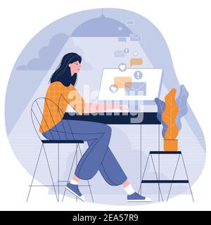 Junge Frau, die aus der Ferne arbeitet Stock Vektor