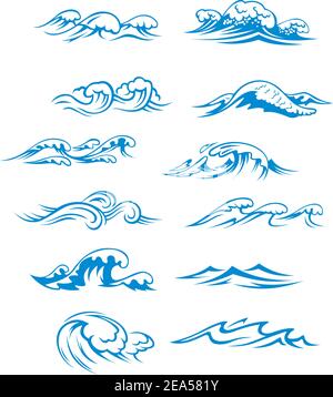 Meereswellen werden isoliert auf weißem Hintergrund gesetzt Stock Vektor