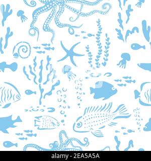 Nahtloses Muster mit Haien. Nautischer Hintergrund. Niedliche Meeresleben Illustration. Stock Vektor
