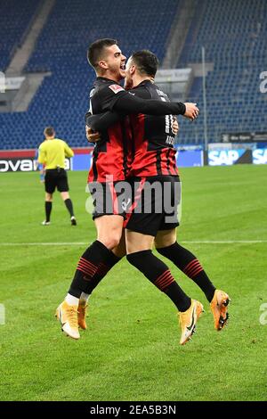 Hoffenheim. Februar 2021, 8th. Andre Silva(L) aus Frankfurt feiert mit seinem Teamkollegen Filip Kostic einen Torreigen bei einem Bundesliga-Fußballspiel zwischen Frankfurt und Hoffenheim in Hoffenheim, Deutschland, 7. Februar 2021. Quelle: Xinhua/Alamy Live News Stockfoto