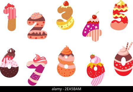 Appetitliche Backwaren Zahlen und Ziffern mit Torten, Kuchen und Desserts Stock Vektor