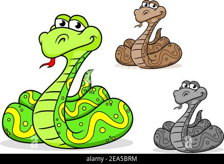 Cartoon Python Schlange in drei Variationen isoliert auf weißem Hintergrund Stock Vektor
