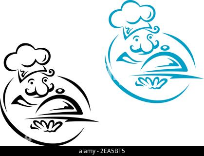 Koch mit silbernem Tablett im Cartoon-Stil für Restaurant-Design Stock Vektor