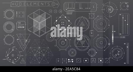 Eine Reihe von geometrischen HUD-Elementen für eine futuristische Schnittstelle. Stock Vektor