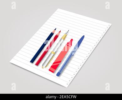 Bunte Stifte und Bleistifte mit Papier Stock Vektor