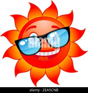 Fröhliche rote und heiße Sonne in Sonnenbrillen. Cartoon-Stil Stock Vektor