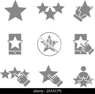 Satz grauer Symbole für Sternrückmeldungen. Kundenbewertung, Bewertung, Gewinn, Spende, soziale Netzwerke, Qualitätskontrolle und vieles mehr. Stock Vektor