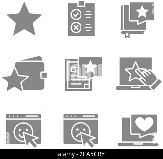 Satz grauer Symbole für Sternrückmeldungen. Kundenbewertungen, Bewertungen, Spenden, soziale Netzwerke und vieles mehr. Stock Vektor