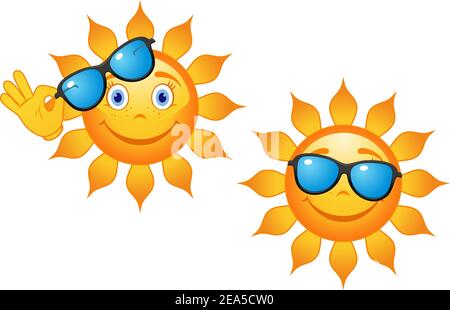 Lustige Sonne in Sonnenbrillen für Reise- oder Wetter-Konzept-Design Stock Vektor