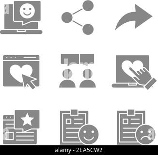 Satz grauer Feedback-Symbole. Charity, Testimonials, Kundenberichte, Navigation in sozialen Netzwerken und vieles mehr. Stock Vektor