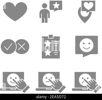 Satz grauer Symbole für das Feedback von Verbrauchern. Wie und Abneigung, Testimonials, Qualitätskontrolle, Kundenbewertung und mehr. Stock Vektor